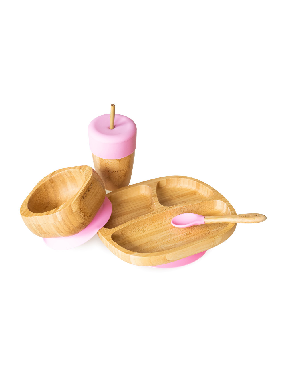 ECORASCALS Zestaw bambusowy miseczka trójdzielna, głęboka i duży kubek różowy w opakowaniu prezentowym